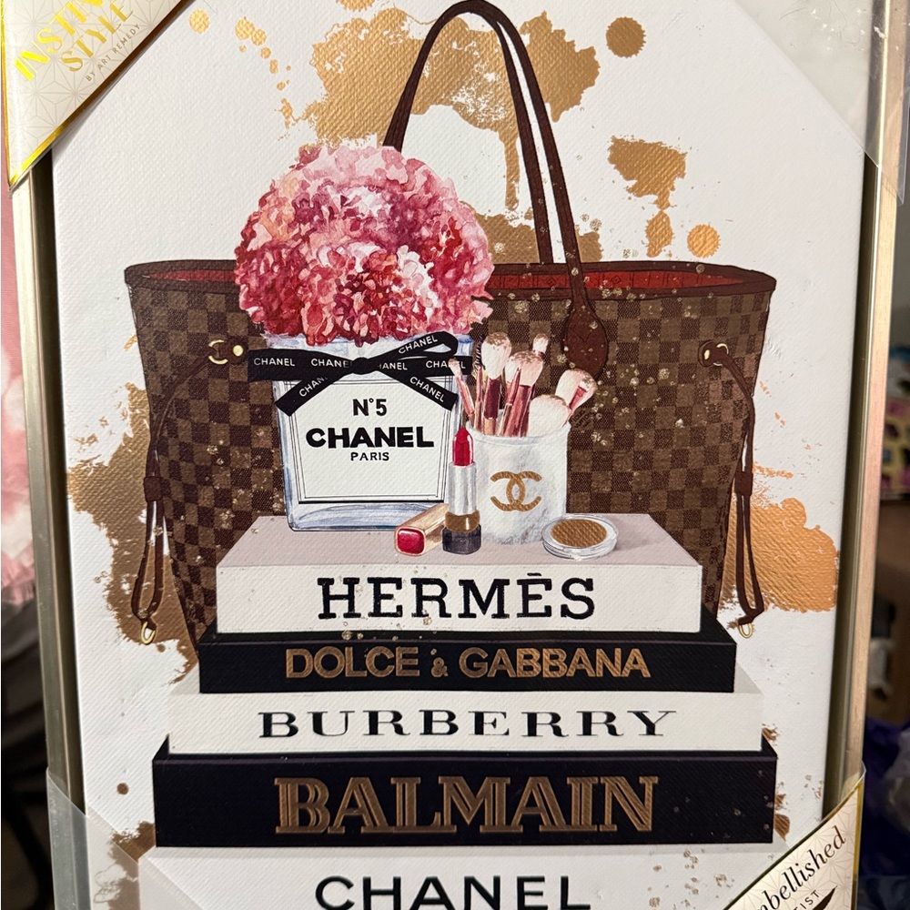 Beautiful Canvas Art with Brown Tote and Pink Flowers